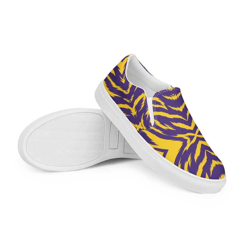 NEW Purple Gold Tiger Stripes Game Day Womens Comfy Slip On Shoes - Picture 11 of 16